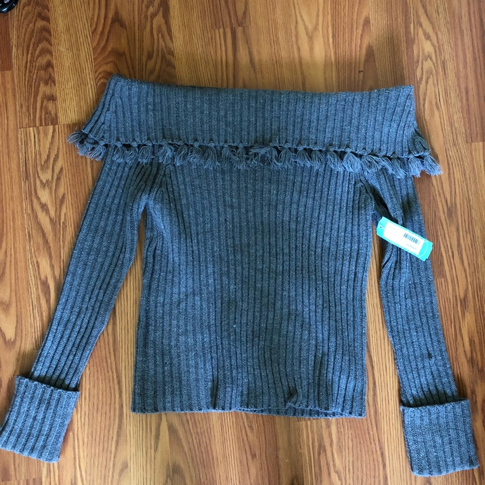 line & dot off the shoulder fringe sweater, small